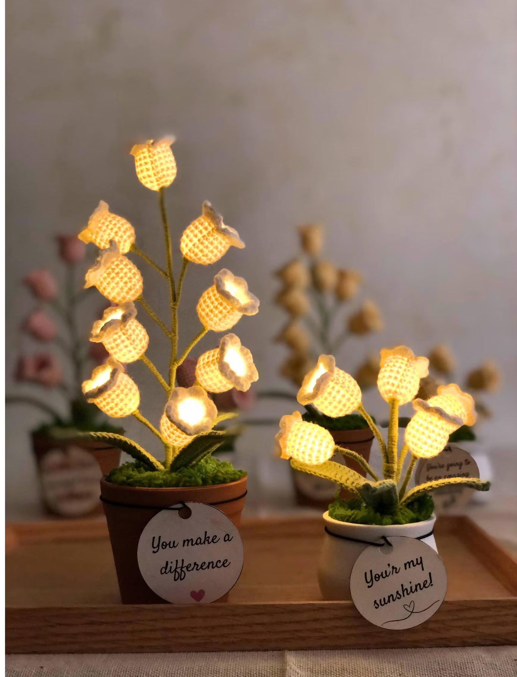 Crochet Lily of the Valley Night Light,Handmade Knitted Flower Lamp,Potted Plant, Tiny Home Decor, Birthday Gift for Her, Mom Gift